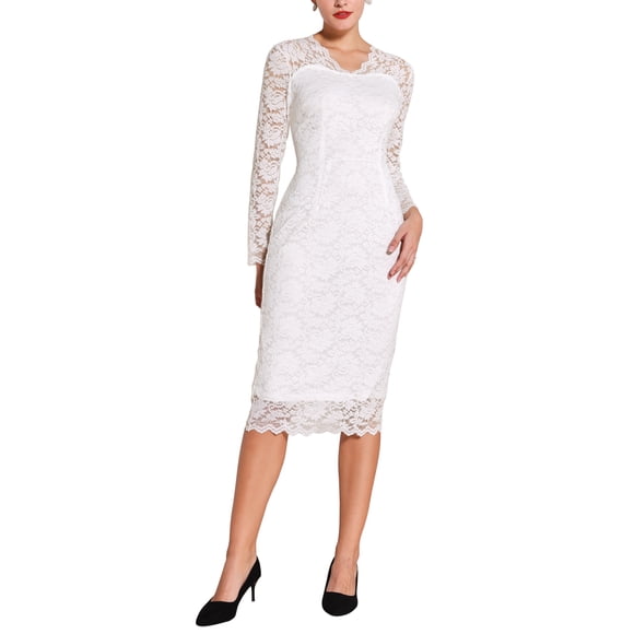 INSPIRE CHIC Women's Dress V Neck Floral Lace Sheer Long Sleeve Midi Cocktail Dress M White