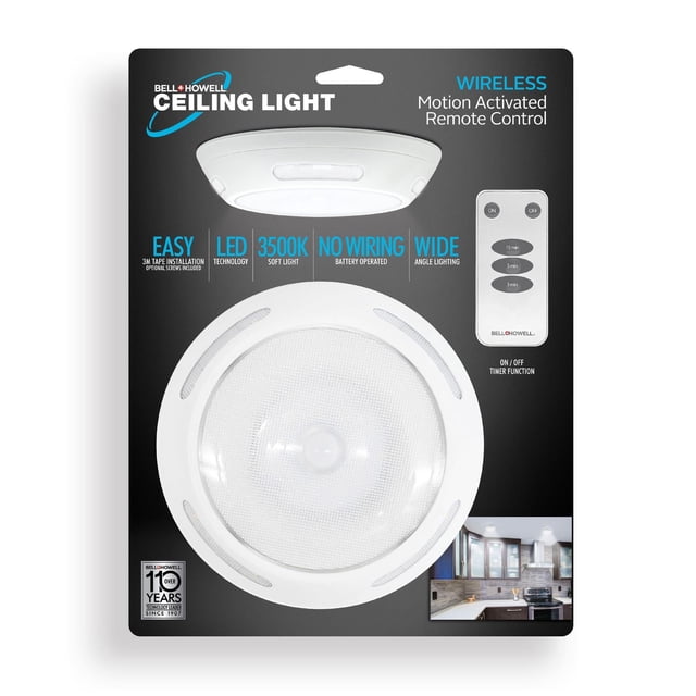 Bell + Howell Wireless Motion LED Ceiling Light with 3500K soft white illumination, battery operated for no wiring installation, includes remote control with timer and motion activation, white ABS plastic flush mount design suitable for closets, hallways, and utility rooms.