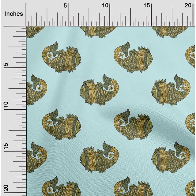 oneOone Cotton Poplin Fabric Fish Block Decor Fabric Printed BTY 56 Inch Wide