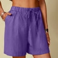 thumbnail image 3 of Women's Linen Summer Shorts Solid Color Comfortable Elastic Wide Leg Casual Shorts Purple, 3 of 8