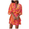 thumbnail image 2 of Robe Courte à Imprimé Floral pour Femmes, Plissée, Col en V, Cordon de Serrage, Taille Élastique, à Volants, Superposée, Robe Courte, 2 of 5