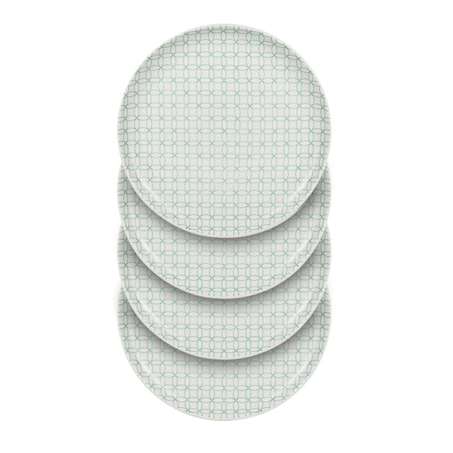 Mainstays Alessandra Mint 4-pack Stoneware Dinner Plate Set, 10.5 inch, stacked round plates featuring a white base with a mint-colored geometric ring pattern, made of durable stoneware ceramic, dishwasher and microwave safe, suitable for everyday dining and reheating meals.