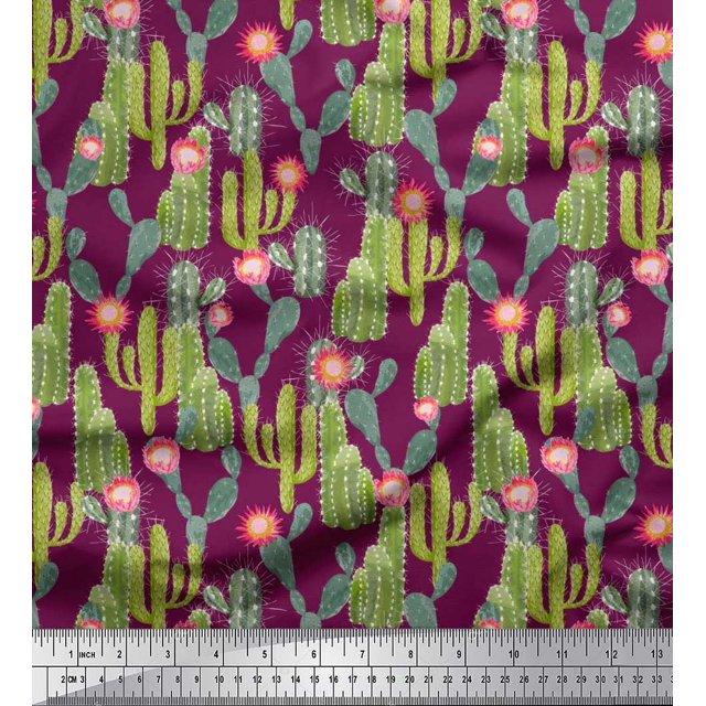 Soimoi Pink Polyester Crepe Fabric Flower & Cactus Tree Print Sewing Fabric BTY 42 Inch Wide