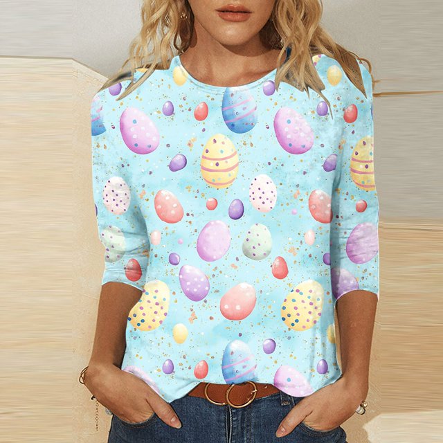 UPPADA T-Shirts de Pâques pour Femmes Bunny Lapin Oeuf Imprimé T-Shirts Manches 3/4 Col Rond T-Shirts d'Été Décontractés Mignons T-Shirts Graphiques Chandail Confortable Haut Vert,P