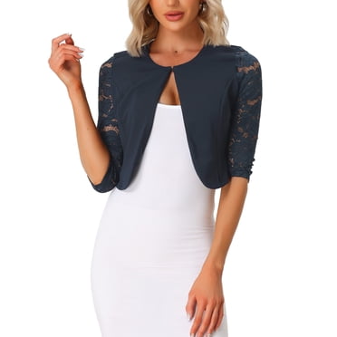 INSPIRE CHIC Women's Halloween Floral Lace Shrug Top 3/4 Sleeve Open Front Work Office Cardigan Formal Bolero XS Dark Blue