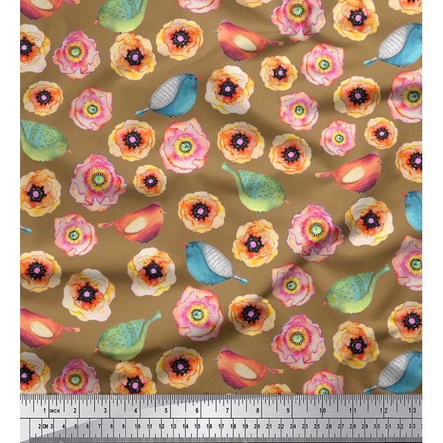 Soimoi Polyester Crepe Fabric Bird & Anemone Floral Print Sewing Fabric Yard 52 Inch Wide