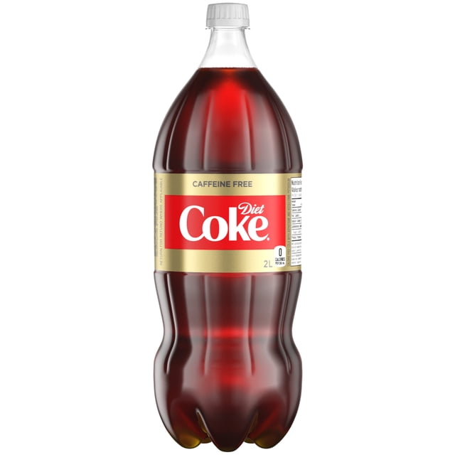 Diet Coke Caffeine Free Bottle, 2 Liters, clear plastic bottle filled with dark cola, featuring a gold label with red and white Diet Coke branding, calorie-free, sugar-free, and caffeine-free cola soft drink suitable for everyday refreshment and light taste preference.