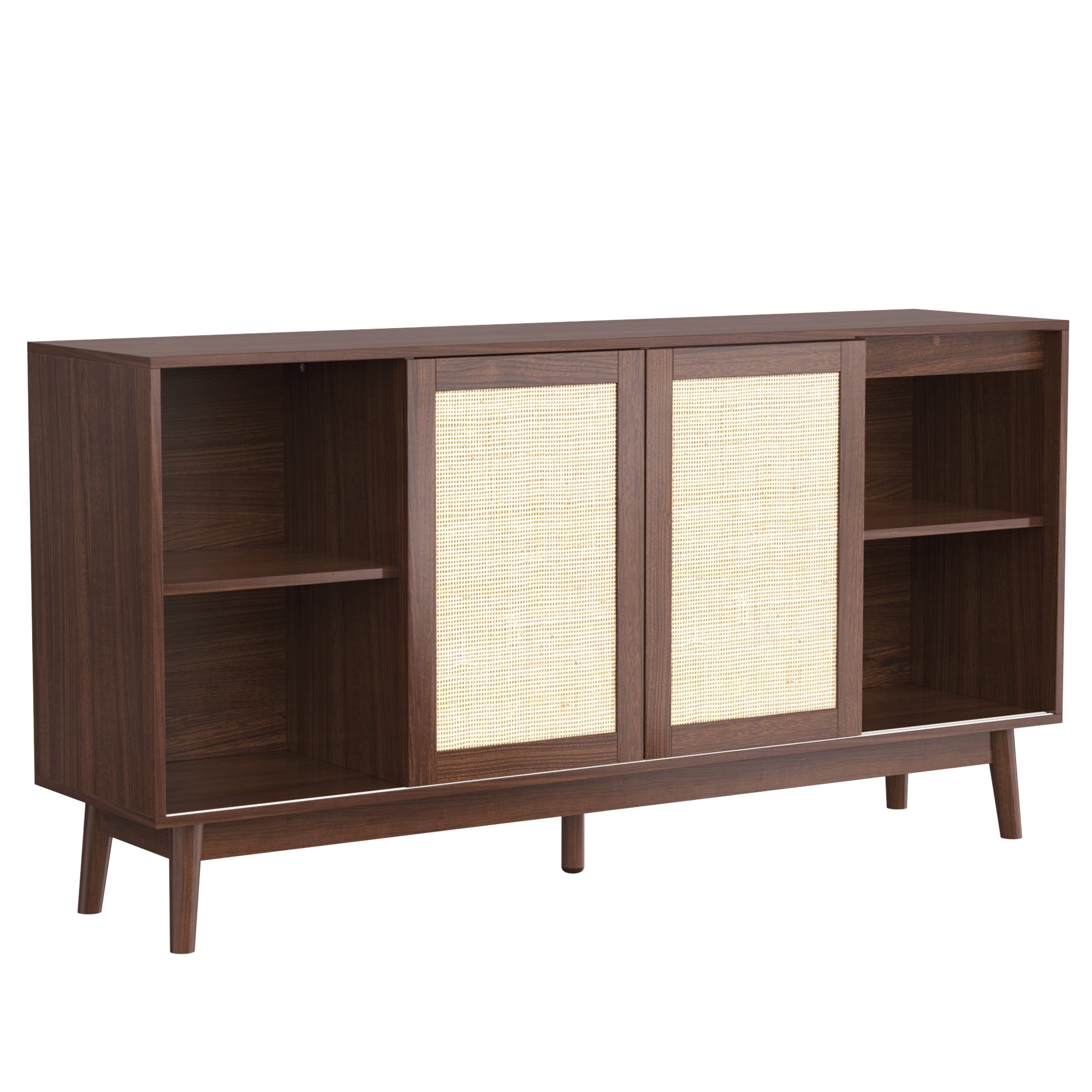 Noble House Buffet 61 Pouces avec Portes Coulissantes en Rotin Véritable et 2 Tiroirs, Armoire de Rangement Respirante et Robuste, Bois de Noyer