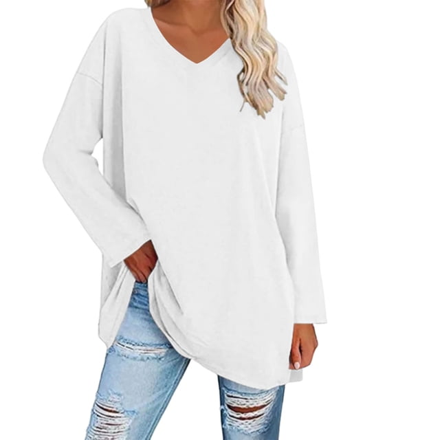 Breezora Tunique à Col Rond Oversize pour Femmes, Manches Longues, Chemise Rayée, Blouse Douce à Coupe Ample, Tenue Décontractée Décontractée, Confort Quotidien 2026, Taille M, Blanc