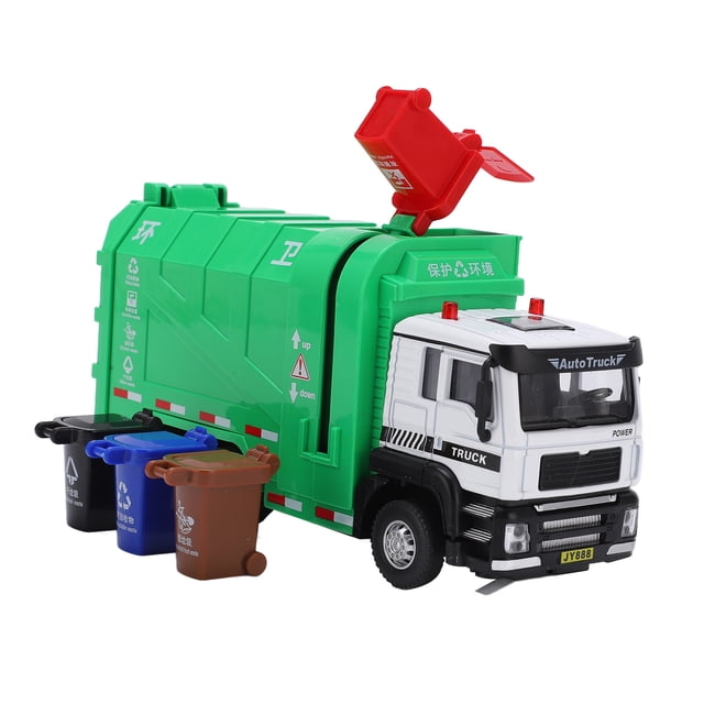 Garbage Truck Toy, Safe 1:50 Pull Back Garbage Truck Alloy for Children. A green and white toy garbage truck made of zinc alloy and plastic, approximately 17x5.3x8cm in size, with realistic details including recycling symbols and movable parts. Includes four trash cans in black, blue, brown, and red. Suitable for children aged 3 years and older, ideal for imaginative play and toy vehicle collections.