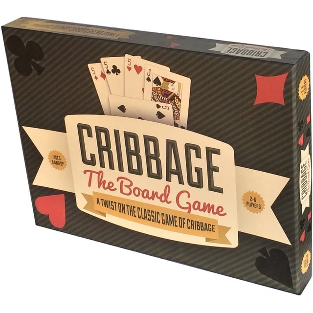 Cribbage: The Board Game 2-6 players, ages 8+ front-facing view showing the game board, playing cards, score pad and printed instructions arranged on a tabletop, with visible peg track and cards placed for traditional cribbage scoring; a family card game emphasizing strategy and often used for casual travel play.