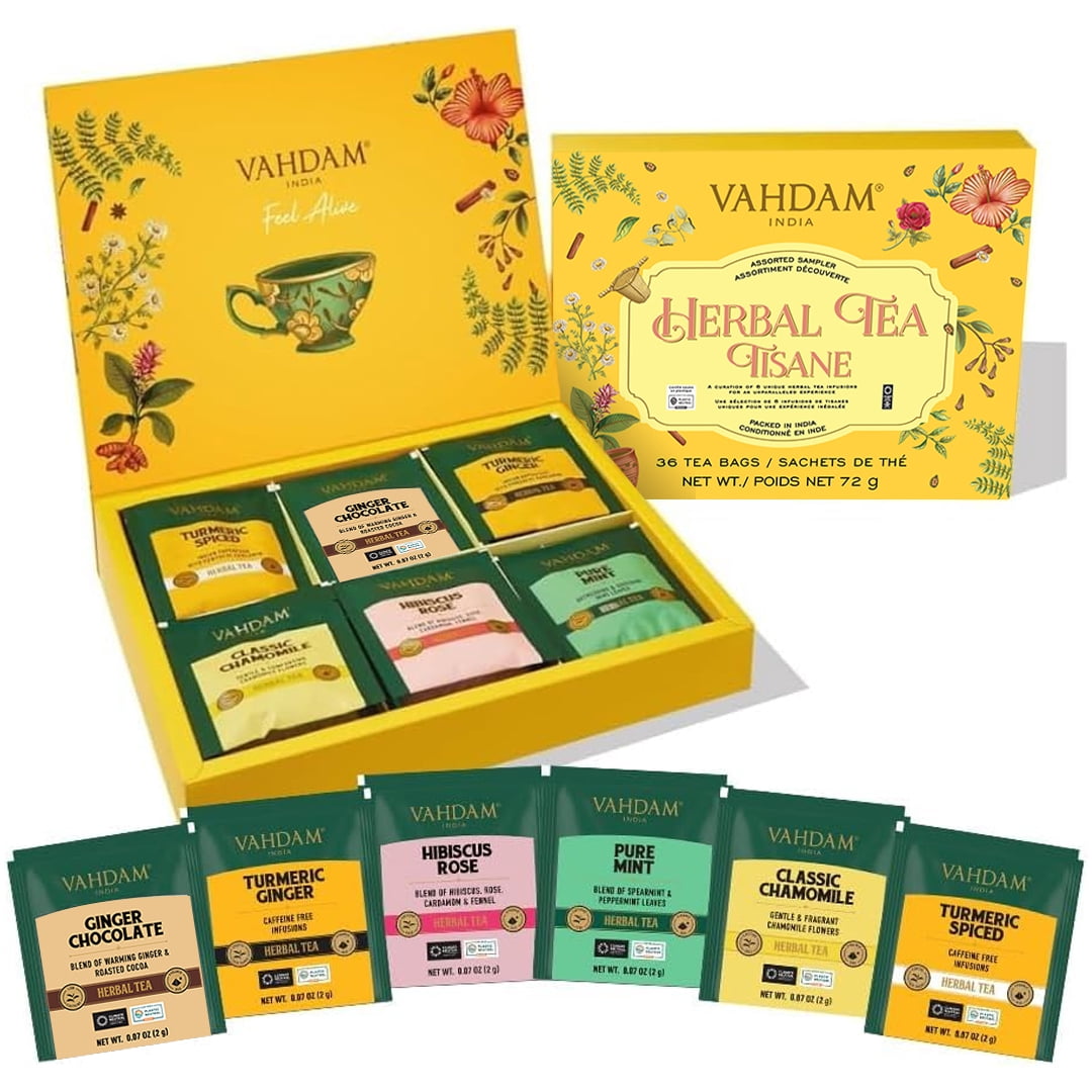 VAHDAM Assortiment de Tisanes Variées (6 Variantes, 36 Sachets de Thé)