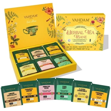 VAHDAM Coffret-cadeau de Thés aux Herbes (6 Variétés, 36 Sachets) Sans Caféine, Sans Gluten, Sans OGM et Écologique, en Sachets Pyramidaux à Feuilles Longues. Convient aux Hommes et aux Femmes.