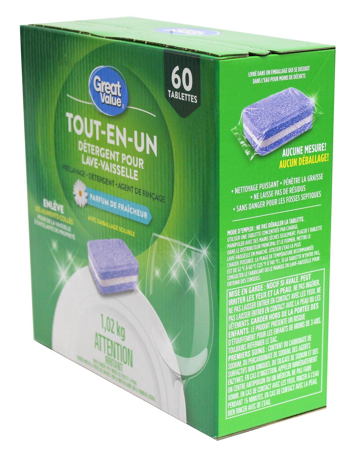 Great Value Détergent pour Lave-Vaisselle Tout-en-un 60 Tablettes