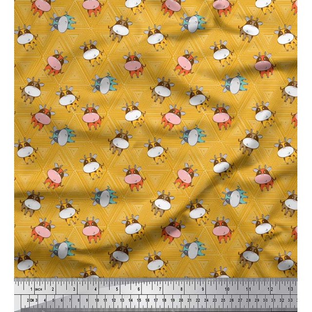 Soimoi Moss Georgette Fabric Triangle & Cow Cartoon Print Fabric by The Yard 42 Inch Wide