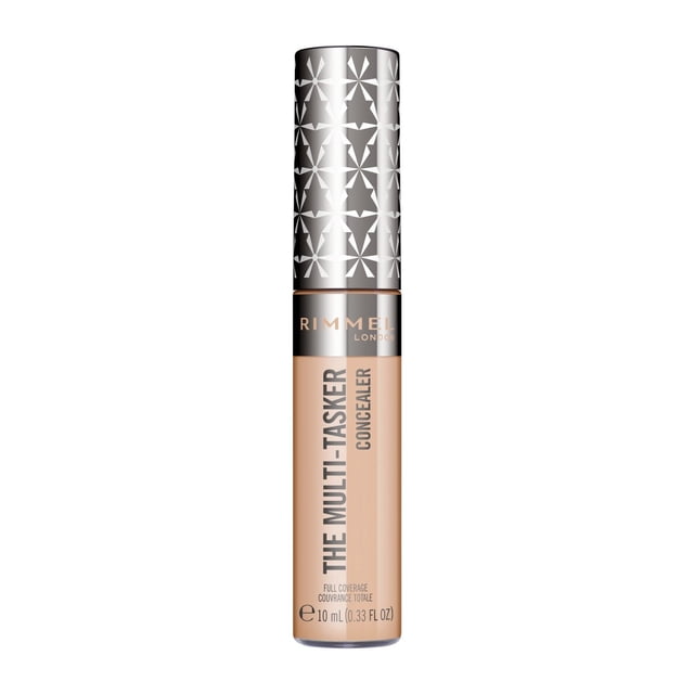 Rimmel Multi-Tasker Concealer in beige with a large soft wand, full coverage liquid formula in a clear tube with a silver geometric patterned cap, crease-proof, transfer-proof, waterproof, conceals blemishes and brightens dark circles.