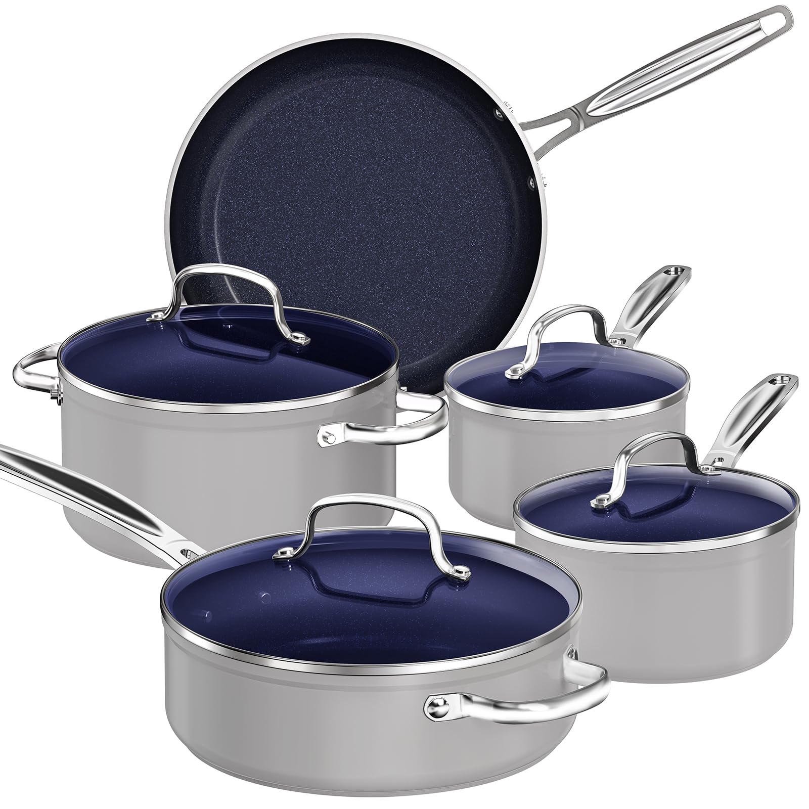 Nuwave 9pc Cookware Set Healthy Duralon Blue Ceramic Nonstick Coated Diamond Infused Scratch-Resistant PFAS Free Oven Safe Induction Ready & Evenly Heats Tempered Glass Lids & Stay-Cool Handle