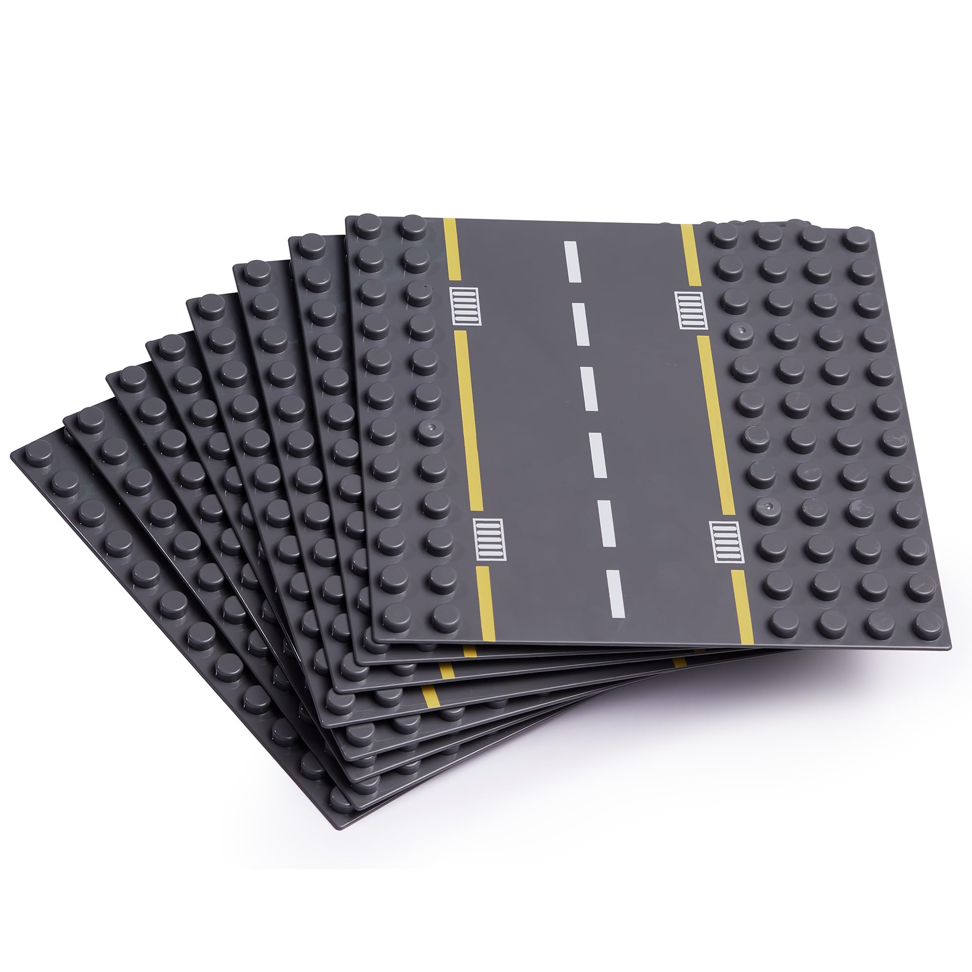 Large Building Blocks Road Base Plates Compatible with All Major Brands - 8Pcs Straight and Curved Road Plates for Construction Blocks - 7.5 x 7.5 Inch Street Baseplates, STEM Learning