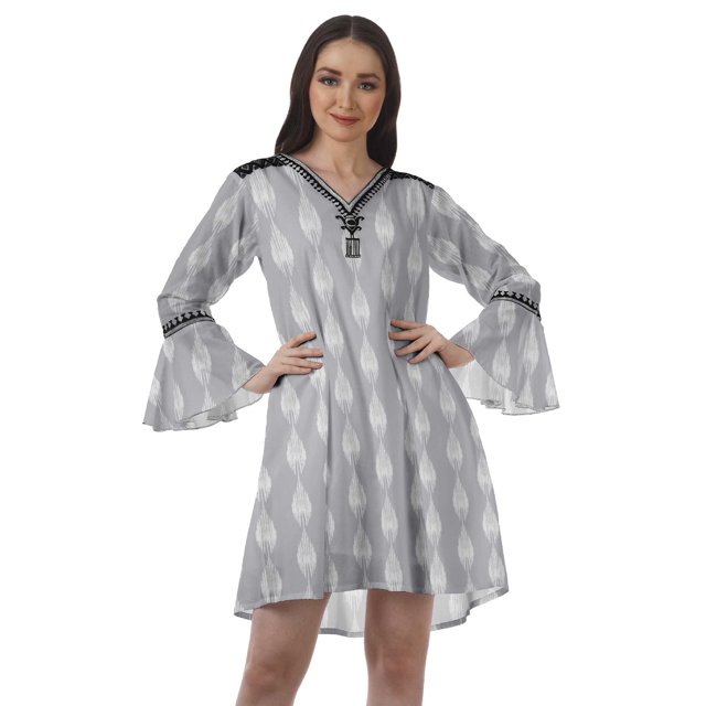 Moomaya Robes Mini Imprimées à Col en V pour Femmes Manches à Volants Robes de Plage pour Femmes