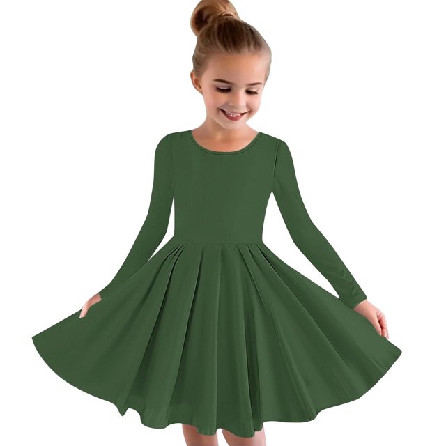 RXIRUCGD Robe Extensible à Manches Longues pour Filles, Ligne A, Tournoyante, Patineuse, pour l'École et les Récitals ( Vert Armée, Taille : 7 Ans )