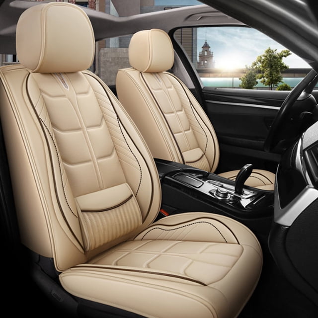 Maidao 2PCs Front Car Seat Covers Leather for Jeep for Commander 2005-2010 2 Seats Airbag Compatible Waterproof Soft Front Set Cushion Protector Beige