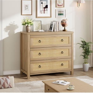 Dresser pour Chambre Rattan Chest of Dressers 29 dans Tall Dresser pour placard avec 3 Rattan tiroirs Boho Night Stand Grande armoire de rangement de vêtements pour chambre, crèche, salon, naturel