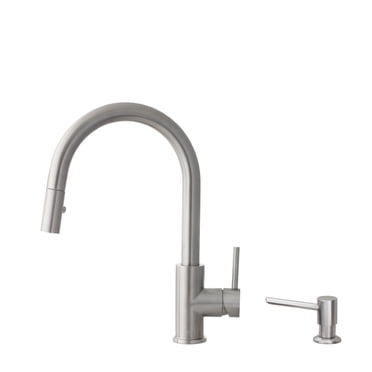 Robinet de Cuisine Élégant à une Poignée 14 Pouces Ht. en Acier Inoxydable à Bec Rétractable avec Distributeur de Savon K131SS01S