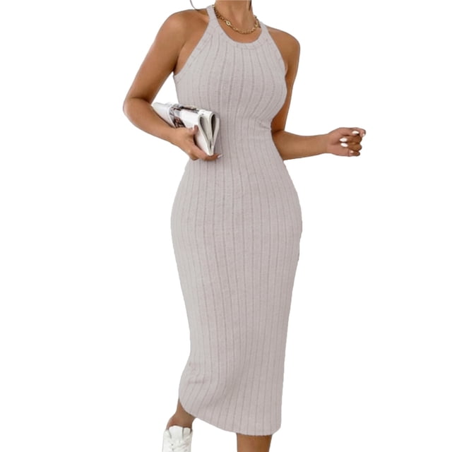 Oksale Robes Moulantes pour Femmes Sans Manches Côtelées Robe Maxi Ajustée Douce Extensible Confortable Col Ras du Cou Dos Nu Robes d'Été pour Fête de Vacances Kaki m