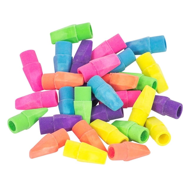Merangue Crayon Cap Erasers, Assortiment, Lot de 144 Montrant un Gros Plan de Crayon Coloré Cap Erasers en Vert, Bleu, Rose, Violet, orange et Jaune, Conçu pour s'Ajuster Solidement aux Extrémités de Crayon pour un Effacement Précis, Idéal pour les Fournitures de Bureau et Scolaires et Convenant aux Artistes et aux Étudiants.