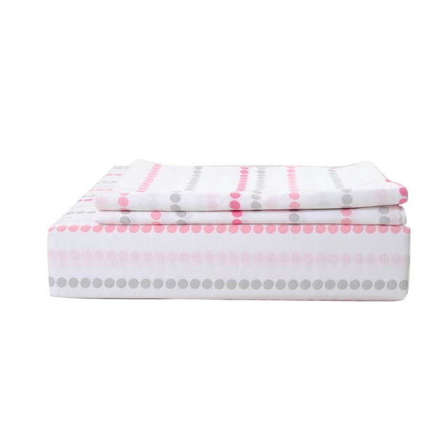 Johnson Home Ensemble de Draps 200 Fils - Draps en Coton Imprimé Pliés avec une base Blanche Comprenant des Rangées Horizontales de Pois Circulaires Roses et Gris, Fabriqués en Coton Respirant pour un Confort Toute l'Année et un Entretien Facile à la machine.