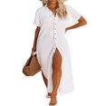 thumbnail image 1 of Femmes Maillot de Bain Couvrir Robe Manches Courtes Côté Divisé Bouton vers le Bas Longue Chemise Robe Cardigan Maxi Plage Robe Bleu, 1 of 7