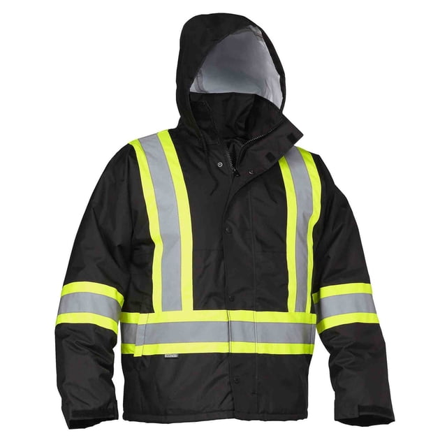 Forcefield Men's Safety Driver's Jacket in black with fluorescent yellow and reflective silver stripes on front, sleeves, and waist. Waist-length with straight hem, three-piece quick-release hood, and front zipper with snap closures. Tear-resistant, waterproof polyester ripstop fabric with insulation, meeting CSA Z96-15 and ANSI 107-2015 standards, ideal for truck drivers and workwear.