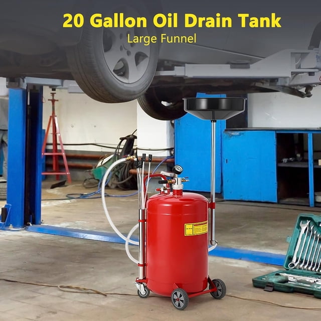 GloryStar 20 Gallon Waste Oil Drain Tank, Air Operated Portable Oil Drainer with Adjustable Funnel, Fluid Fuel Transfer Drainage with Wheels, Oil Change Container for Automotive Workshops