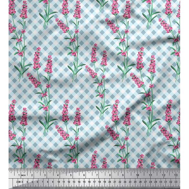 Soimoi Blue Rayon Fabric Check,Leaves & Pink Floral Print Fabric by Yard 42 Inch Wide