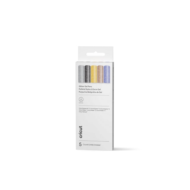 Cricut® Glitter Gel Basics Pen Set containing five 0.8 mm medium point glitter gel pens in black, gold, silver, brown, and blue in a white package with Cricut branding and compatibility for Cricut Explore and Maker machines, suitable for scrapbooking and paper crafts.