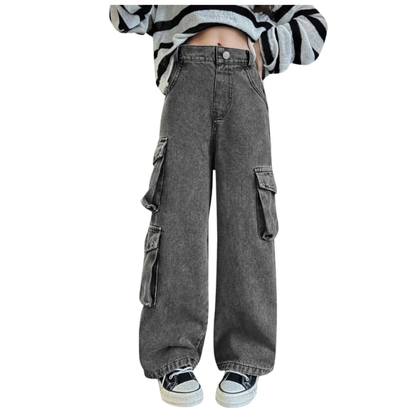 Kids Pants Kids Girls Baggy Cargo Pants Child Elastic Waist Wide Leg Solid Color Demin Pants Jeans with Pocket Pantalon Printemps Enfant Grey 8 Years-10 Years