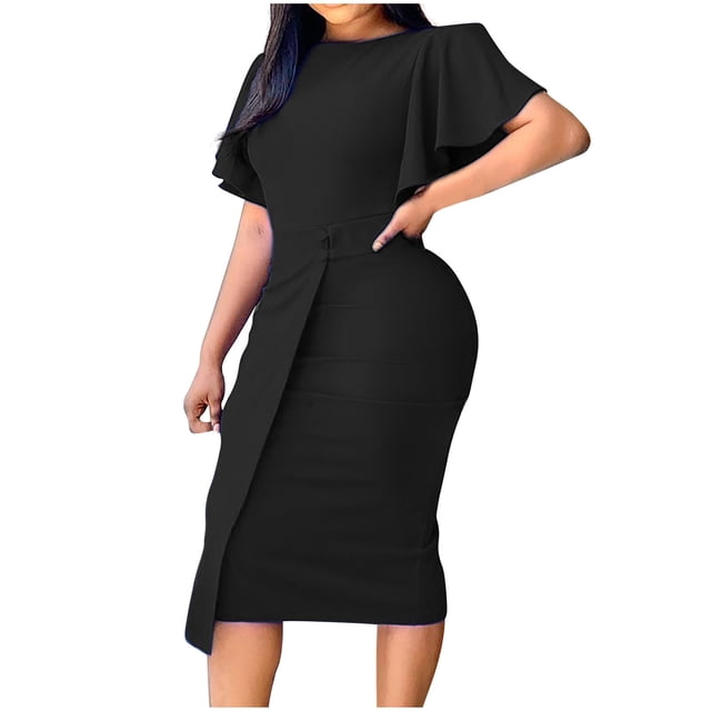 QUYUON Robes de Soirée Liquidation Col Rond Robe de Travail Robe Courte Retour à la Maison Manches Longues Robe Midi Style D-13959 Noir 3TG