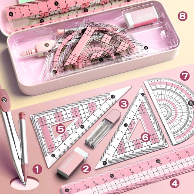Offre du Jour! Trousse de Mathématiques et de Géométrie pour Éviter la Myopie, Ensemble de 8 Pcs de Fournitures pour Étudiants avec Boîte de Rangement Incassable Incluant Règle, Rapporteur, Gomme, Laisse, Mines, Crayons pour