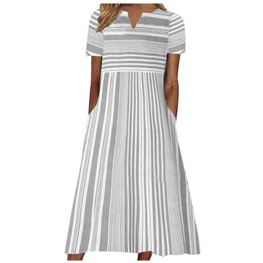 EQWLJWE Longue Robe pour Femmes Mode Féminine Décontractée à Manches Courtes Col en V à Rayures Imprimé avec Poche Robe Maxi