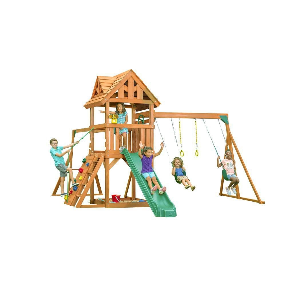 Creative Cedar Designs Mountain View Lodge Wooden Playset with Rock Wall