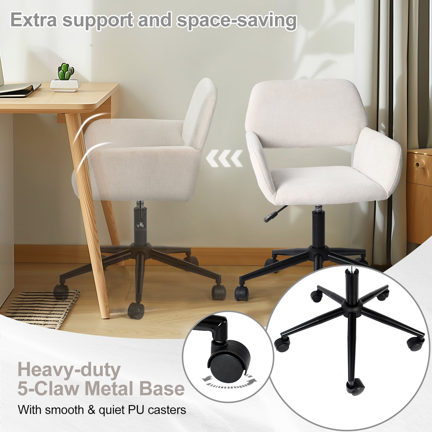 Homy Casa Chaise de Bureau Pivotante 24 po, 1 Pièce, Fauteuil de Bureau Réglable en Chenille avec Base en Métal pour Bureau, Coiffeuse, Étude, Beige