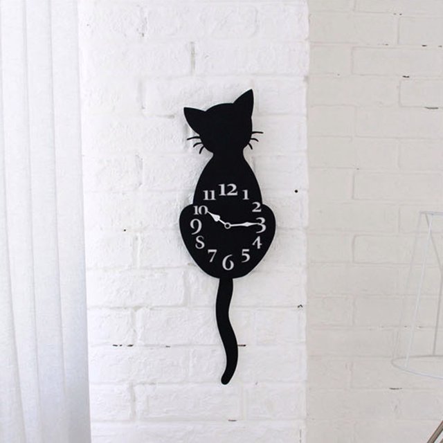 Creative Cartoon Cute Cat Wall Clock Home Decor Watch Way Tail Move Silence