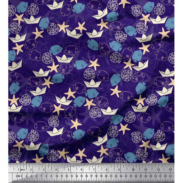 Soimoi Rayon Fabric Paper Boat,Fish & Starfish Ocean Print Fabric by The Yard 56 Inch Wide