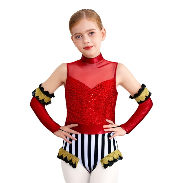 Hansber Girls Ringmaster Tamer 2 Pcs Set Sleeveless Sequins Mock Neck Leotard with Figure Gloves Red 14