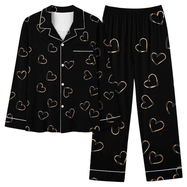 MeetoTime Pyjama d'Automne pour Femme, Ensemble 2 Pcs, Haut à Manches Longues Boutonné et Pantalon, Tenue de Nuit