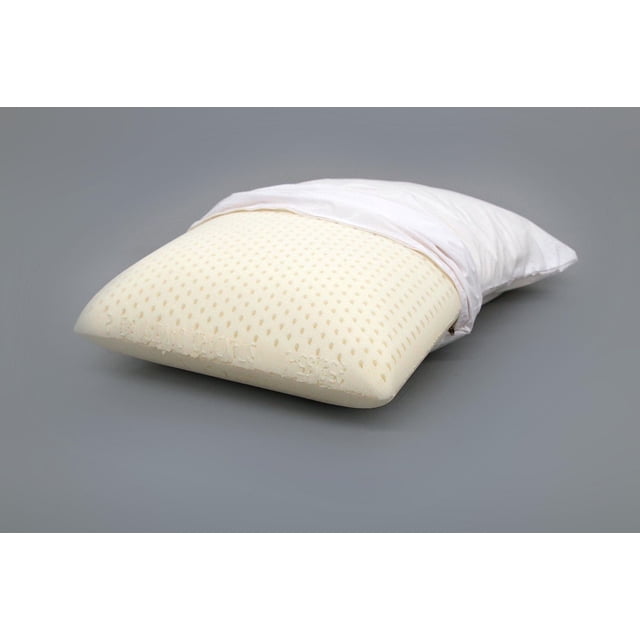 Bodyform® Orthopedic Standard Latex Pillow shown in a 3/4 profile with the white zippered percale polyester/cotton cover partially unzipped to reveal the soft, perforated high-density latex foam core designed for consistent head support and comfort in all sleep positions, also suitable for ergonomic neck support during reading or relaxation.