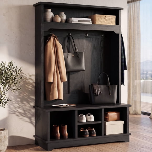 OMCMUU Arbre d'Entrée de 66,9 Pouces avec Rangement pour Chaussures, Portemanteau Autoportant avec 5 Crochets et 4 Casiers, Banc d'Entrée pour Chambre et Salon (Noir)