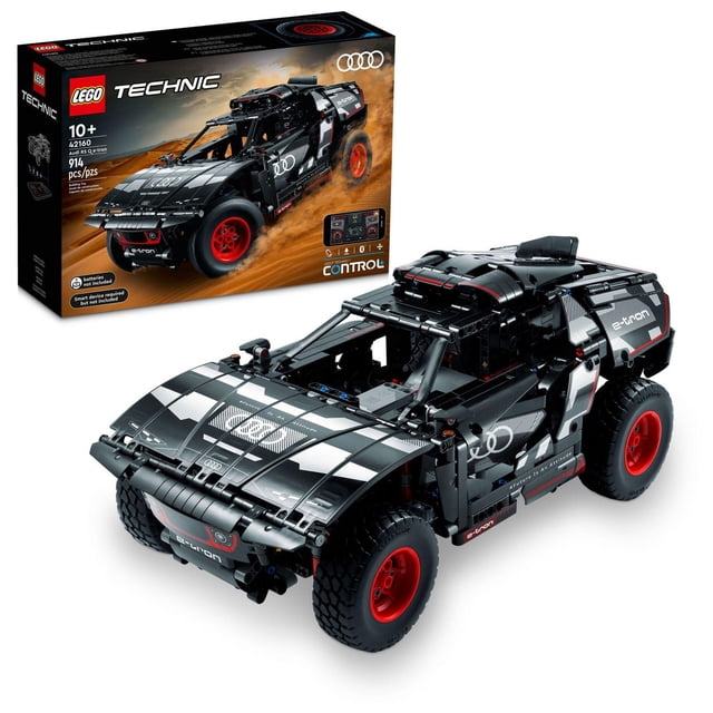LEGO Technic Audi RS Q e-tron 42160 advanced building kit for kids 10 and up featuring a black and red remote-controlled rally car model with app-controlled steering, 4-wheel independent suspension, realistic Audi e-tron decals, and 914 pieces, shown with its box.