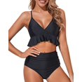 thumbnail image 1 of Women Two Piece Swimsuits High Waisted Ruffle Flounce Bikini V Neck Tummy Control Bathing Suit Solid Black (M, 1 of 6