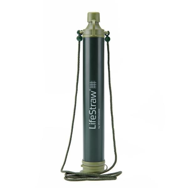 LifeStraw Personal Water Filter Straw in green with a slim cylindrical body, olive green caps, and white logo, featuring an adjustable green lanyard for carrying, suitable for camping, hiking, and emergency water filtration.